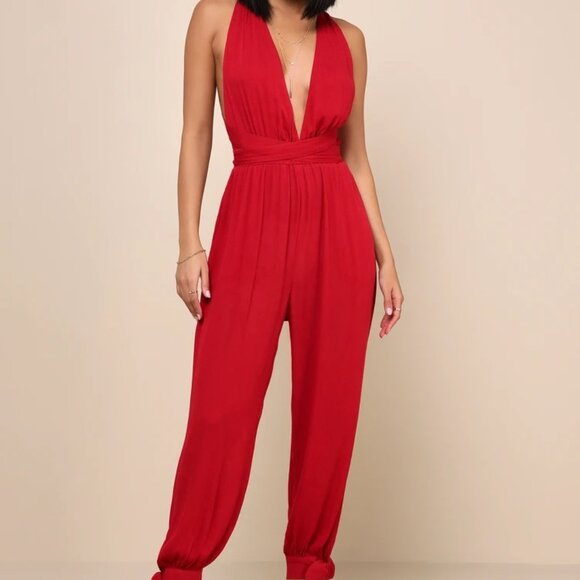 Lulus Lolinda Berry Red Convertible Halter Jumpsuit - Picture 1 of 3